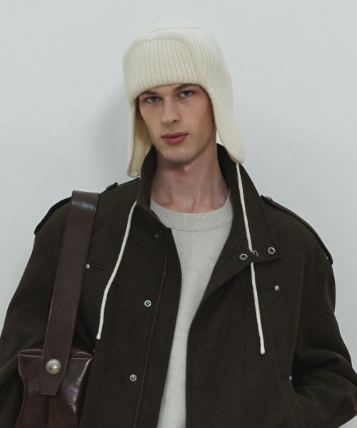 Ear Flap Wool Knit Hat / Ivory