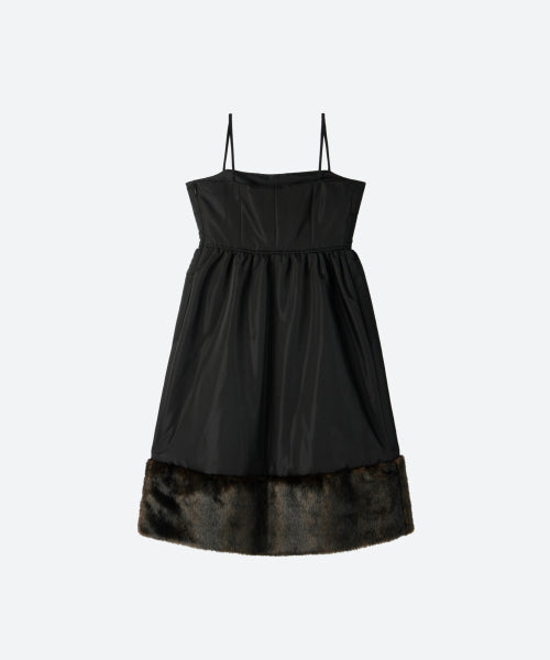Fur Trim Baby-doll Padding Dress / Black