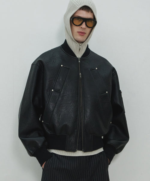 UNISEX, 4 Pocket Vegan Leather MA-1 Jacket / Black