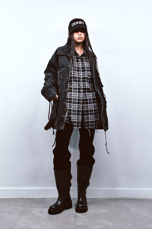 STITCH CUT-OFF CHECKERED SHIRT IN BLACK
