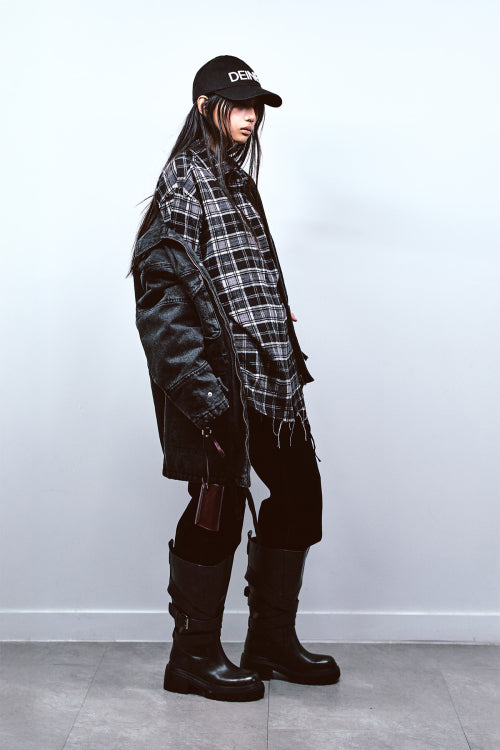 STITCH CUT-OFF CHECKERED SHIRT IN BLACK