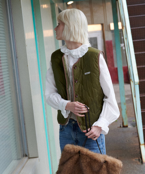 Reversible Shearling Quilted Vest (Khaki)