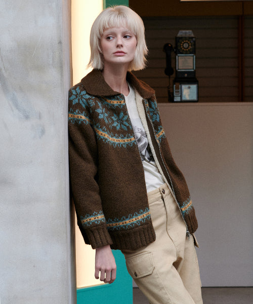 Shearling Nordic Zip Cardigan (Brown)