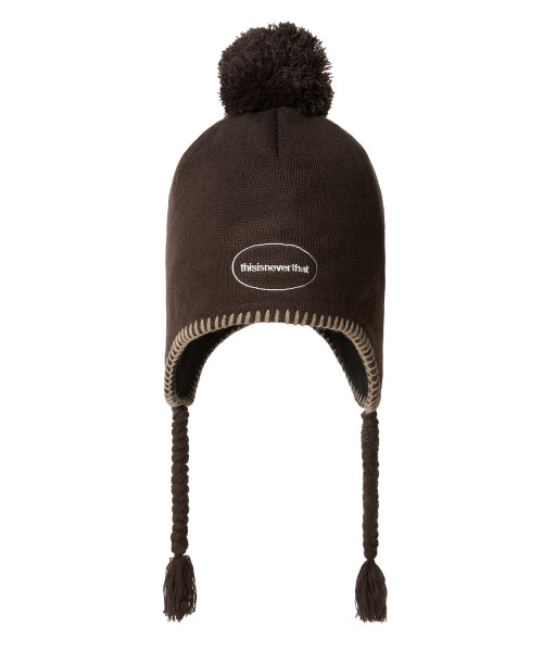 Pom Earflap Beanie Brown