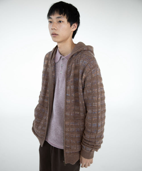 Textured Knit Zip Hoodie Brown