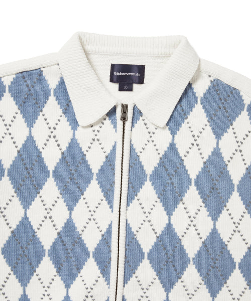 Argyle Zip Knit Cardigan White
