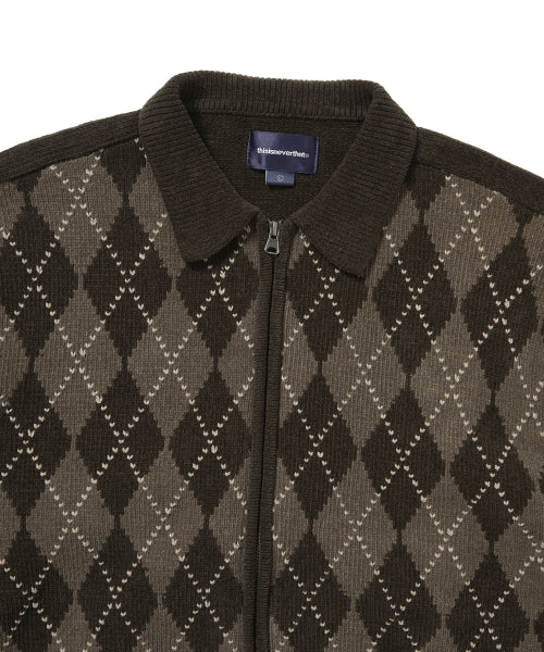 Argyle Zip Knit Cardigan Brown