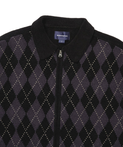 Argyle Zip Knit Cardigan Black