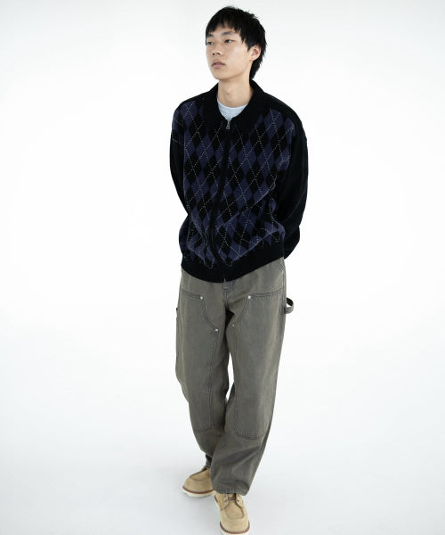 Argyle Zip Knit Cardigan Black