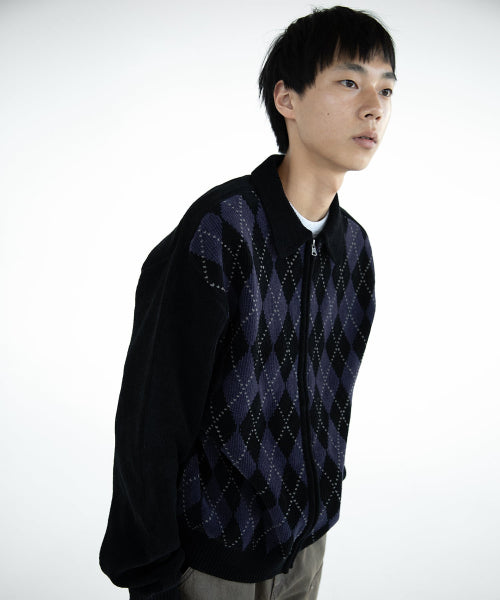 Argyle Zip Knit Cardigan Black