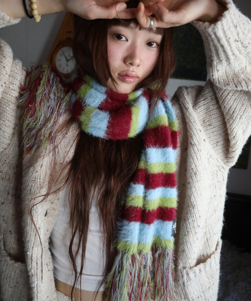 Striped Hairy Bold Muffler (Burgundy)