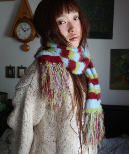 Striped Hairy Bold Muffler (Burgundy)