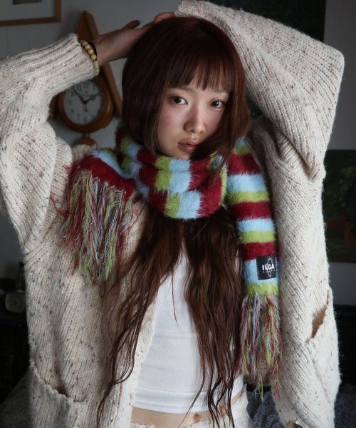 Striped Hairy Bold Muffler (Burgundy)