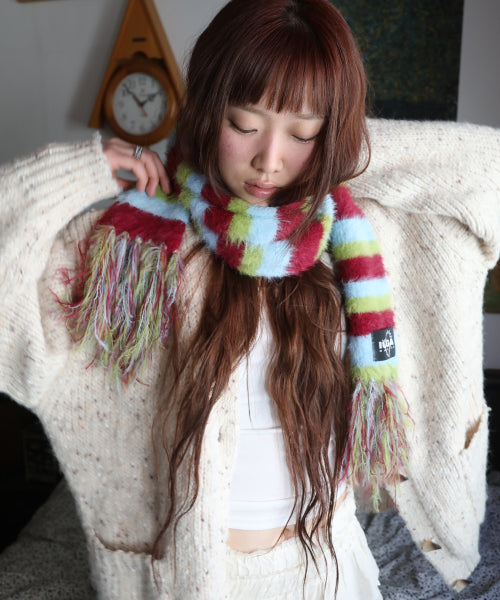 Striped Hairy Bold Muffler (Burgundy)