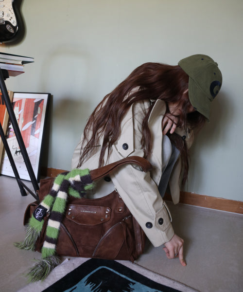 Striped Hairy Skinny Muffler (Green)
