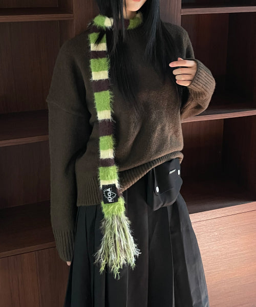Striped Hairy Skinny Muffler (Green)