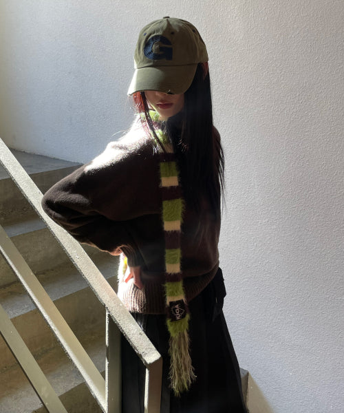 Striped Hairy Skinny Muffler (Green)