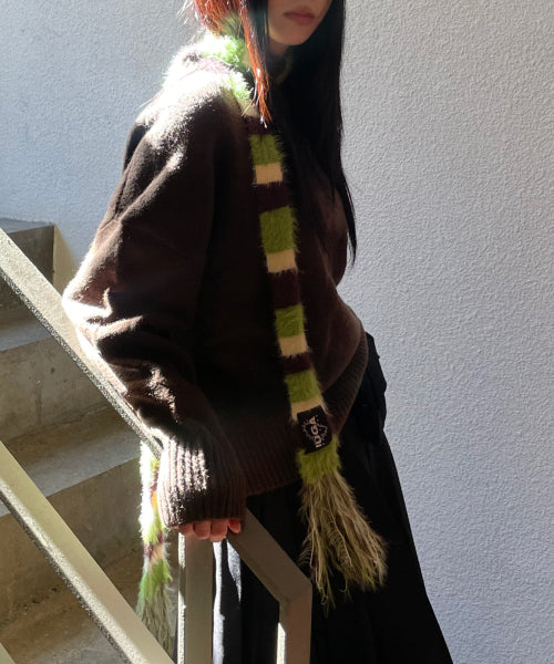 Striped Hairy Skinny Muffler (Green)