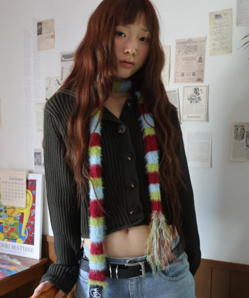 Striped Hairy Skinny Muffler (Burgundy)