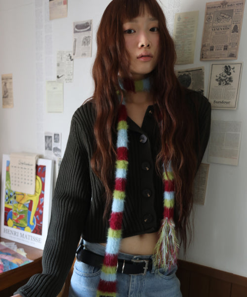 Striped Hairy Skinny Muffler (Burgundy)