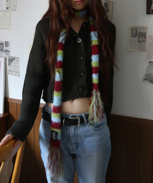 Striped Hairy Skinny Muffler (Burgundy)