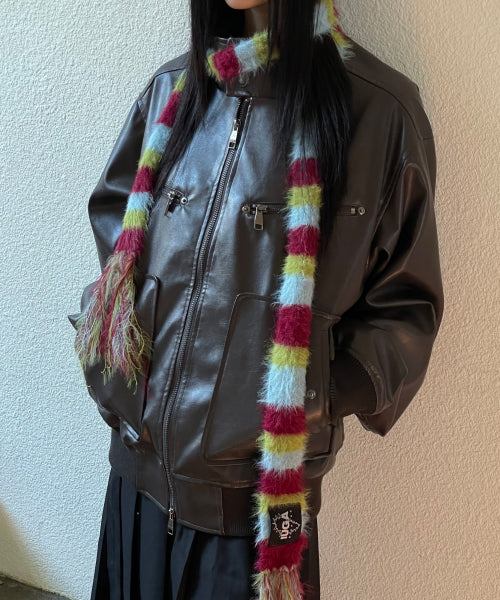 Striped Hairy Skinny Muffler (Burgundy)