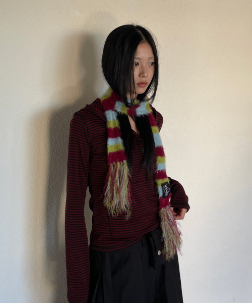 Striped Hairy Skinny Muffler (Burgundy)