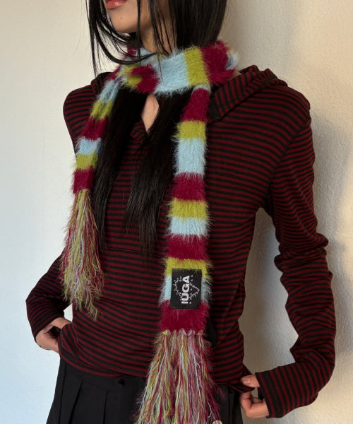 Striped Hairy Skinny Muffler (Burgundy)