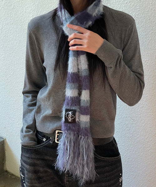 Striped Hairy Skinny Muffler (Light Purple)