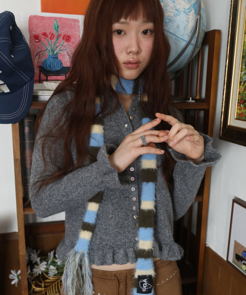 Striped Hairy Skinny Muffler (Sky Blue)