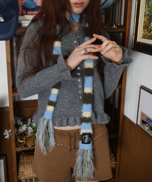 Striped Hairy Skinny Muffler (Sky Blue)