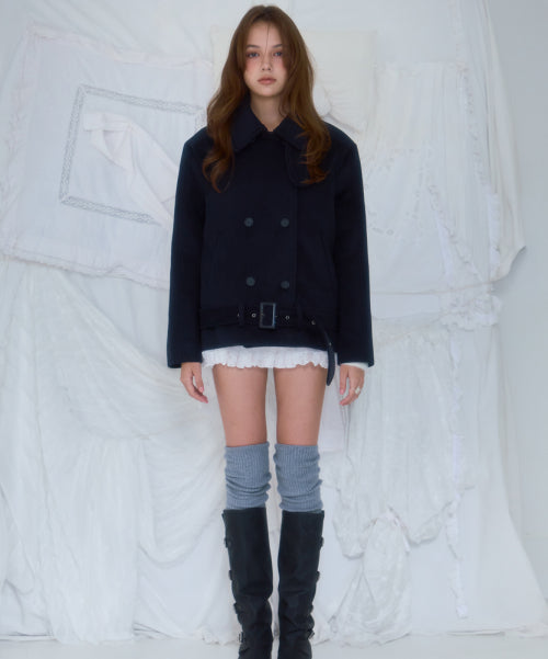 Belt Half-neck Wool Jacket [Dark Navy]