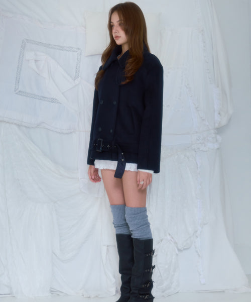 Belt Half-neck Wool Jacket [Dark Navy]