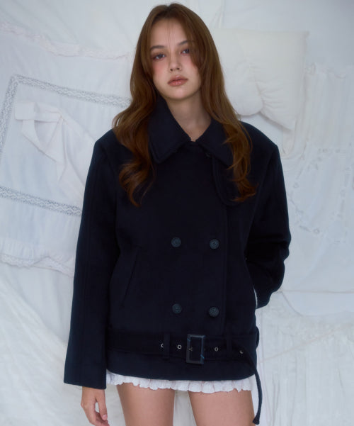 Belt Half-neck Wool Jacket [Dark Navy]