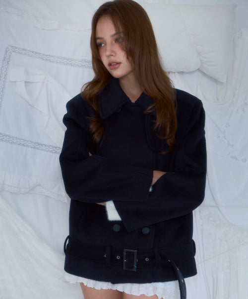 Belt Half-neck Wool Jacket [Dark Navy]