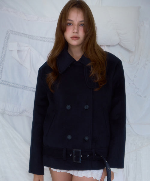 Belt Half-neck Wool Jacket [Dark Navy]