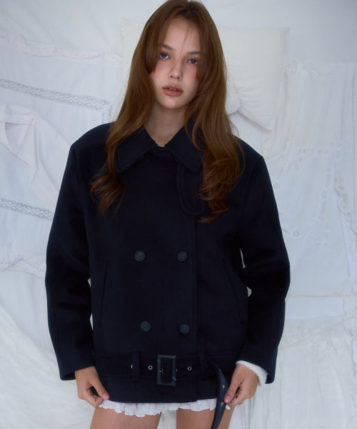 Belt Half-neck Wool Jacket [Dark Navy]