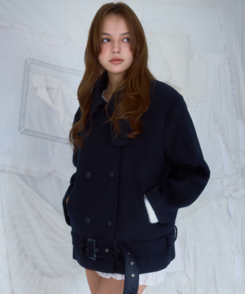 Belt Half-neck Wool Jacket [Dark Navy]