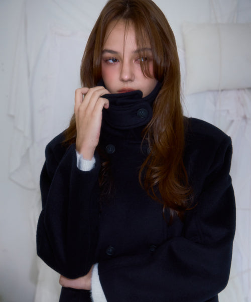 Belt Half-neck Wool Jacket [Dark Navy]