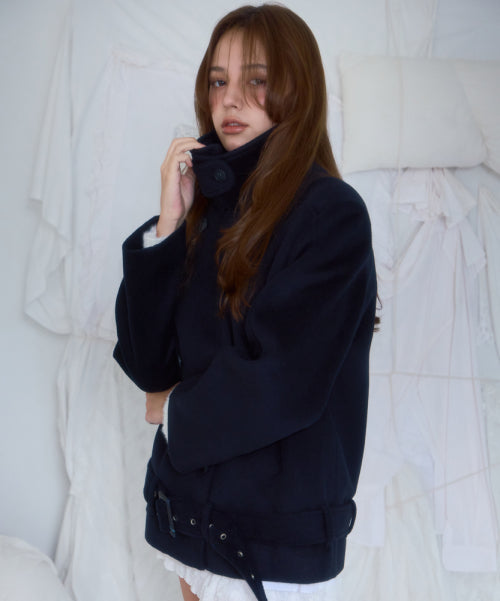 Belt Half-neck Wool Jacket [Dark Navy]