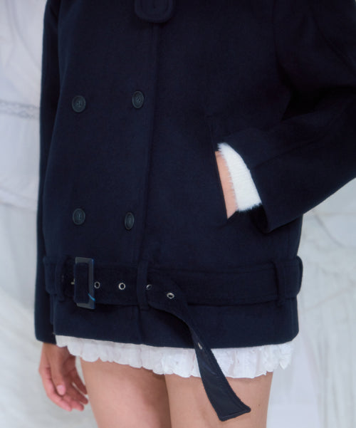 Belt Half-neck Wool Jacket [Dark Navy]
