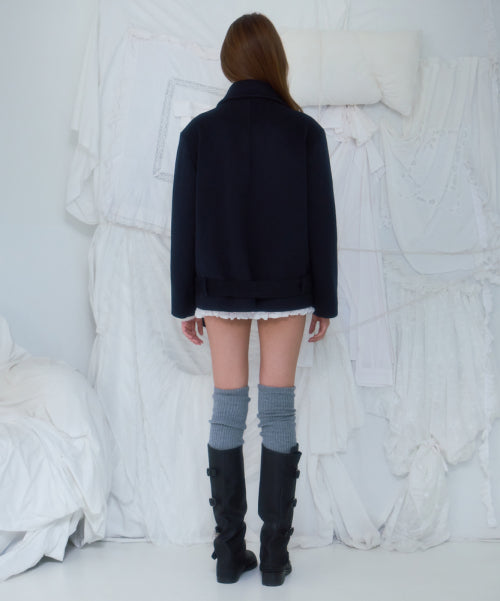 Belt Half-neck Wool Jacket [Dark Navy]