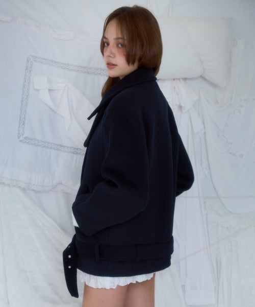 Belt Half-neck Wool Jacket [Dark Navy]