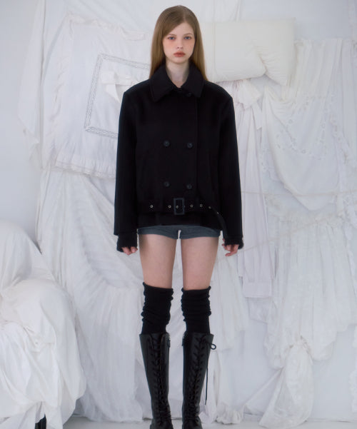 Belt Half-neck Wool Jacket [Black]