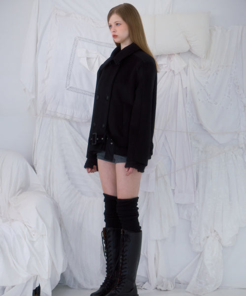 Belt Half-neck Wool Jacket [Black]