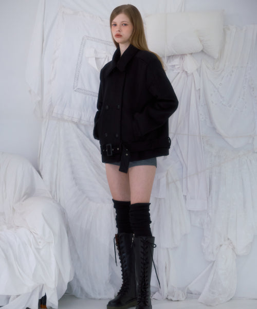 Belt Half-neck Wool Jacket [Black]