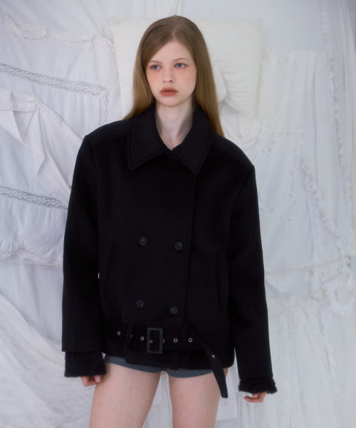 Belt Half-neck Wool Jacket [Black]