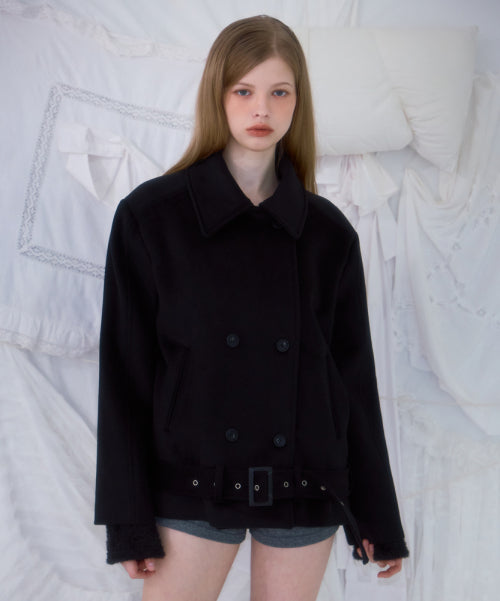 Belt Half-neck Wool Jacket [Black]