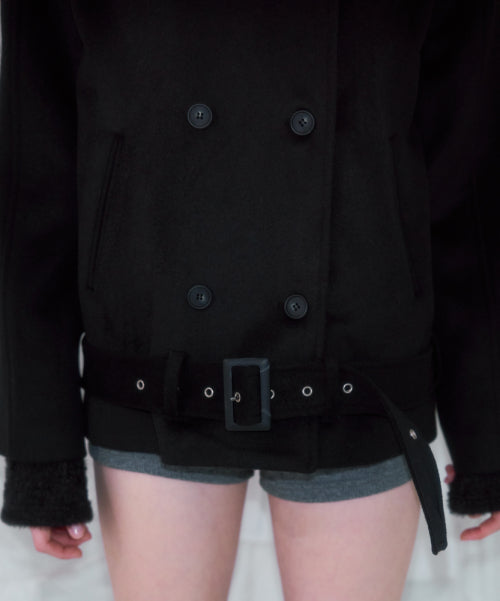 Belt Half-neck Wool Jacket [Black]