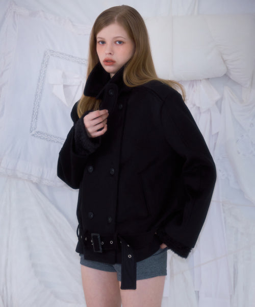 Belt Half-neck Wool Jacket [Black]